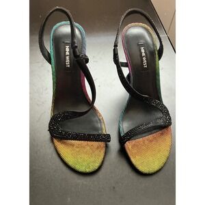 Nine West Rainbow Rhinestone Slingback Sandals Black Flared Heel Womens 6.5M